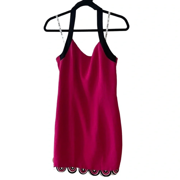 Vintage 90s Barbiecore pink halter mini dress with black strap and scalloped hem - Picture 1 of 5